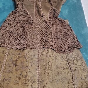 Olive Green Crochet and Floral design Leather Skirt And Matching Vest